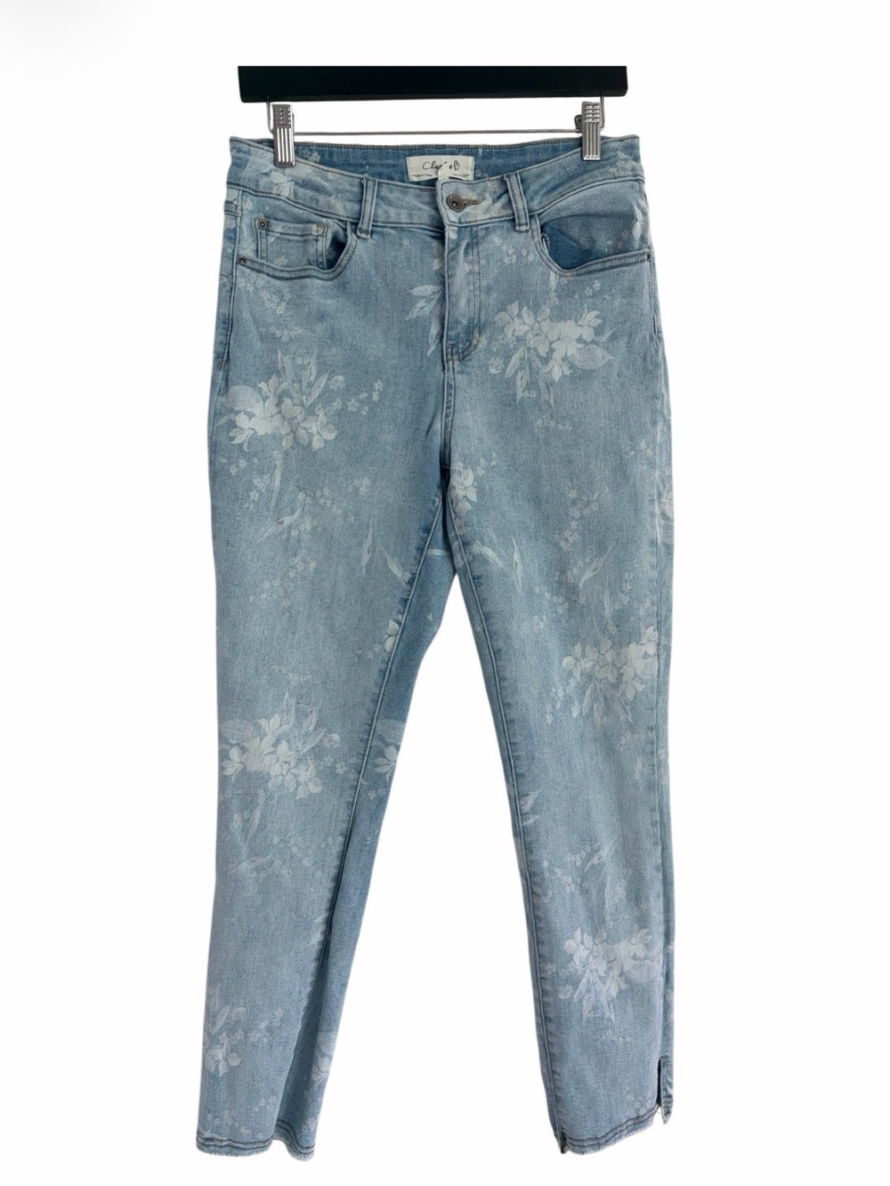 Charlie B Light Wash Floral Print Ankle Jeans Size 10 Stretch Raw Hem